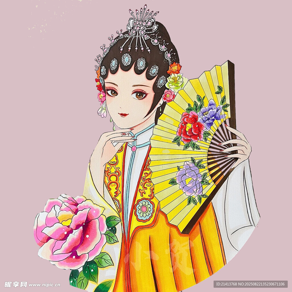 古風(fēng)戲曲少女持扇賞牡丹