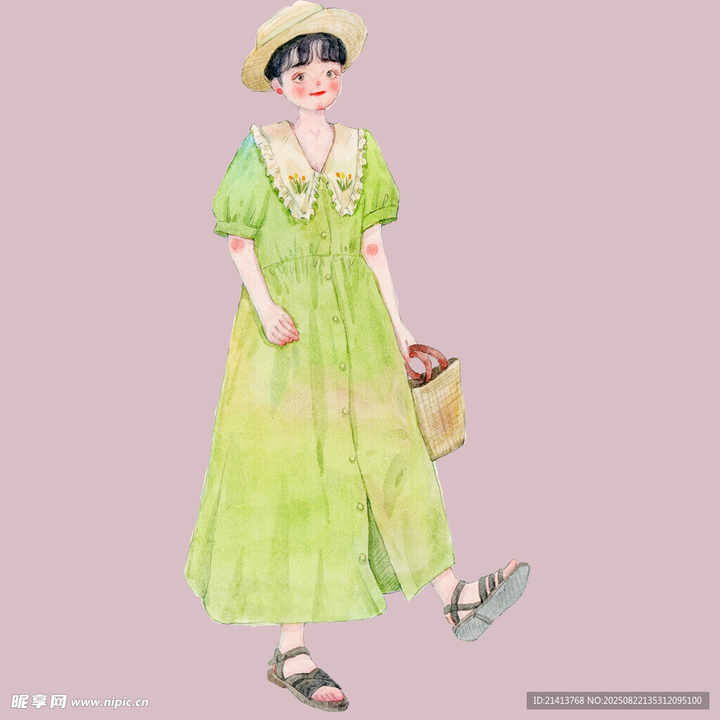 清新綠裙女子優(yōu)雅漫步