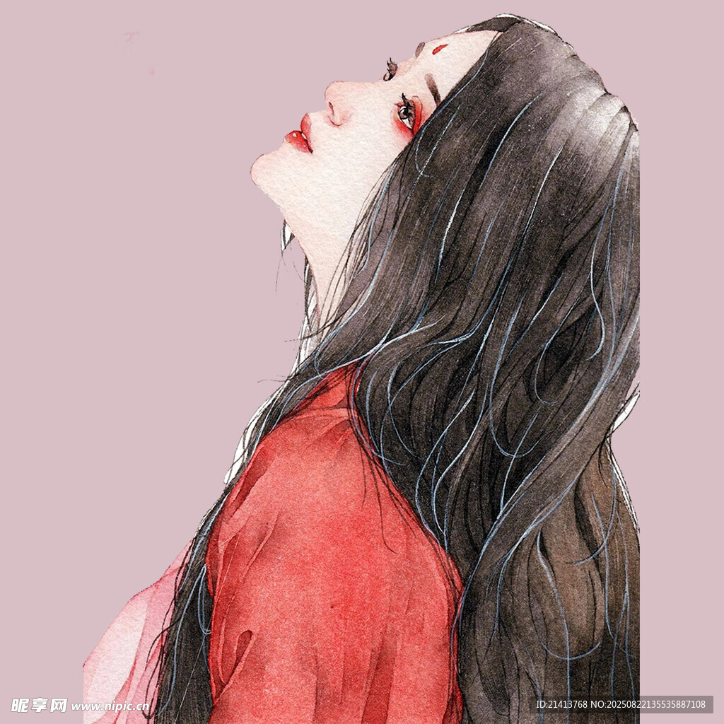 紅衣長(zhǎng)發(fā)女子仰頭側(cè)影