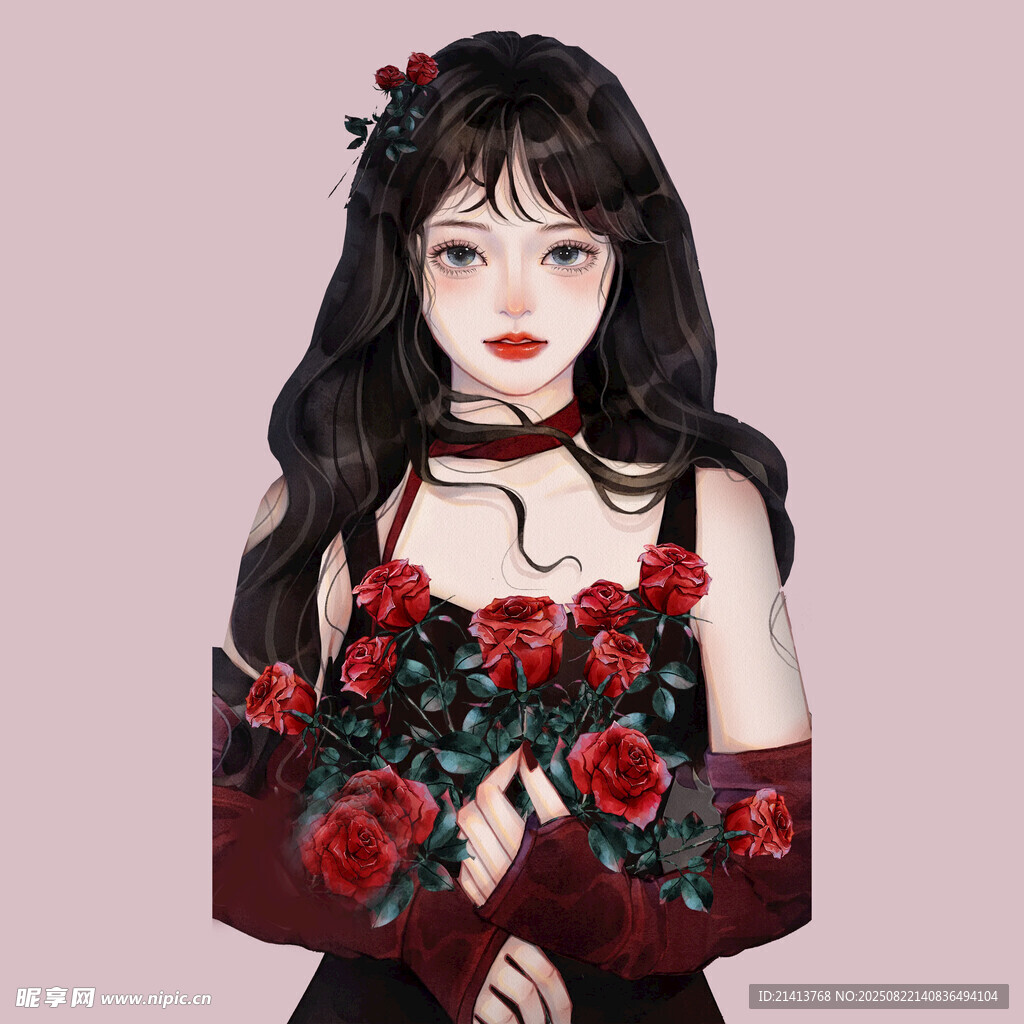 玫瑰裝飾的復古風少女