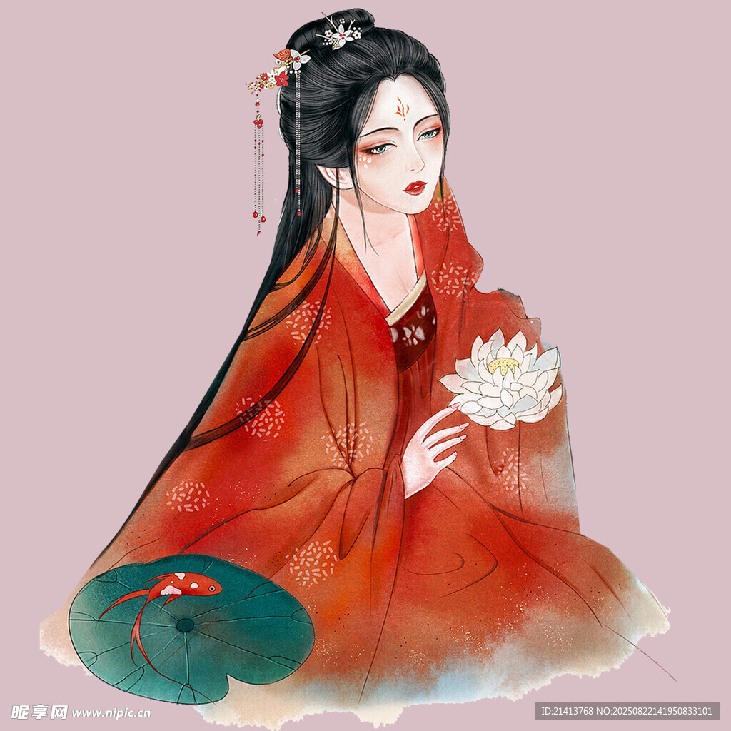 紅衣女子持蓮優(yōu)雅端坐