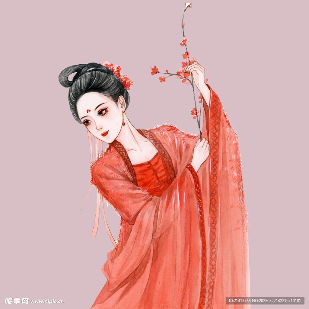 紅衣古裝女子持梅圖