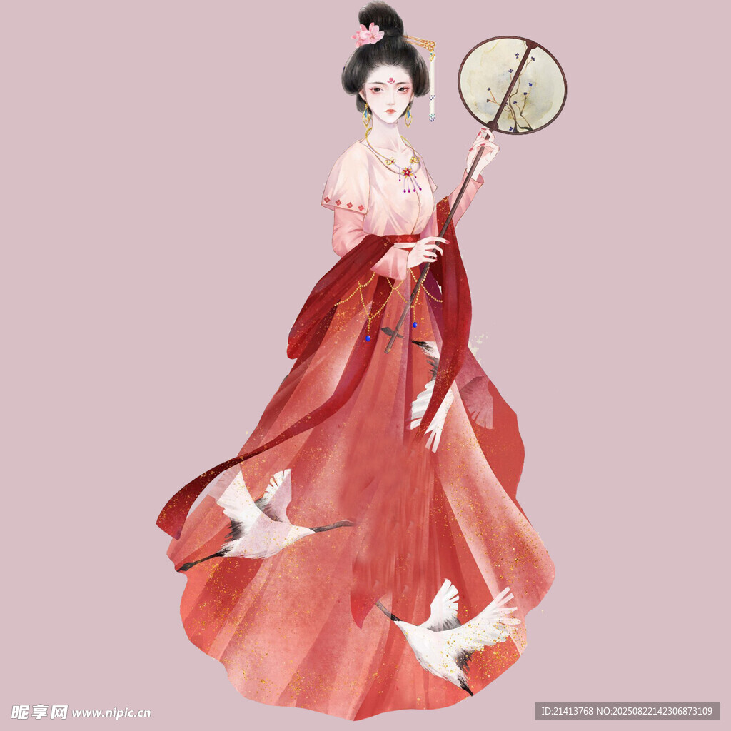 古風(fēng)紅衣女子持扇圖