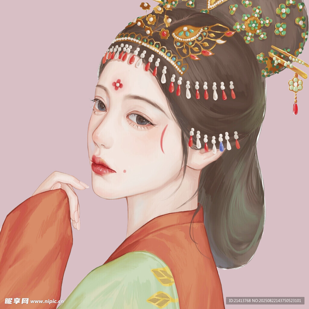 古風(fēng)美人 頭戴華麗鳳冠