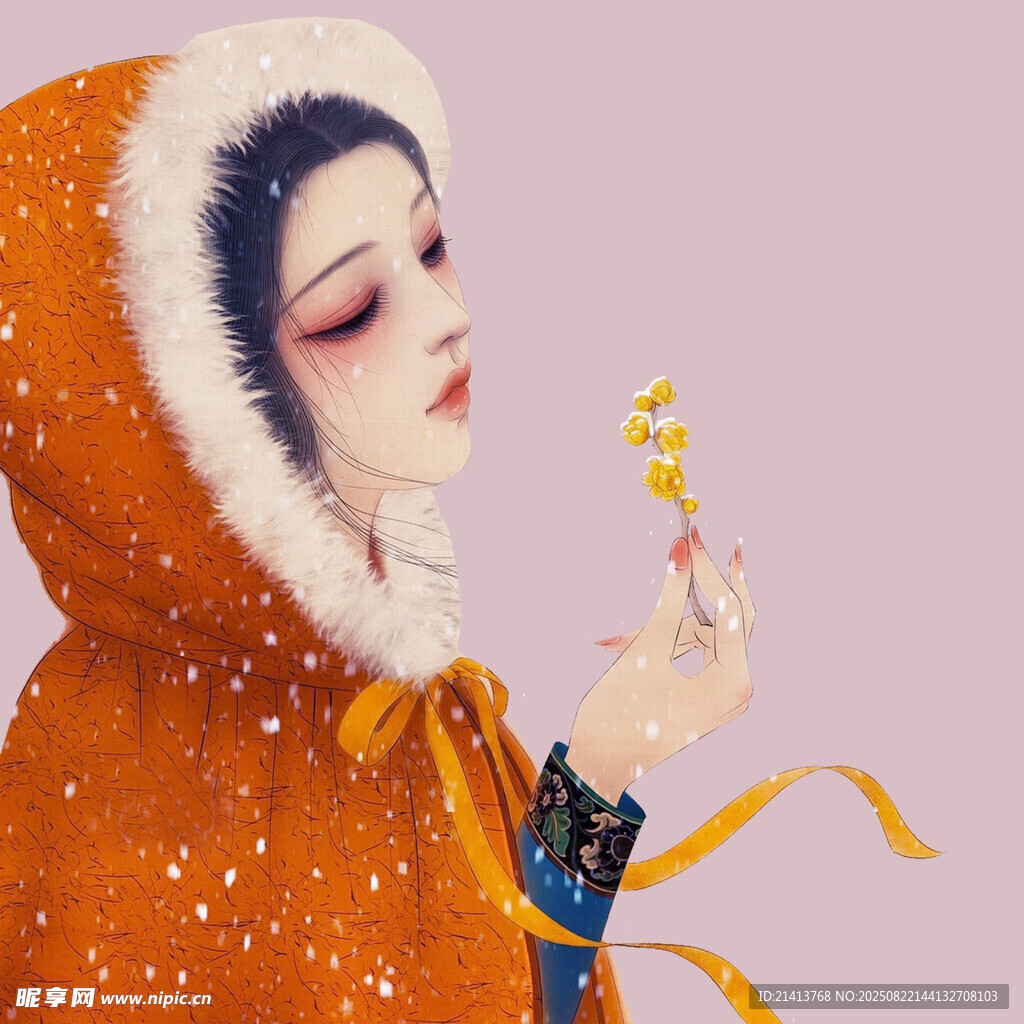 雪中少女手持小花賞景