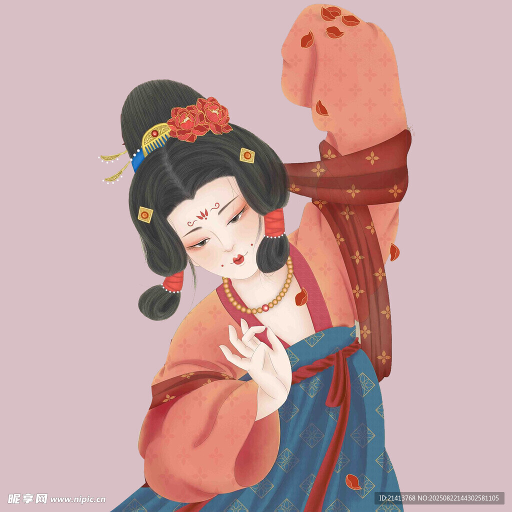 唐朝仕女與萌寵互動圖