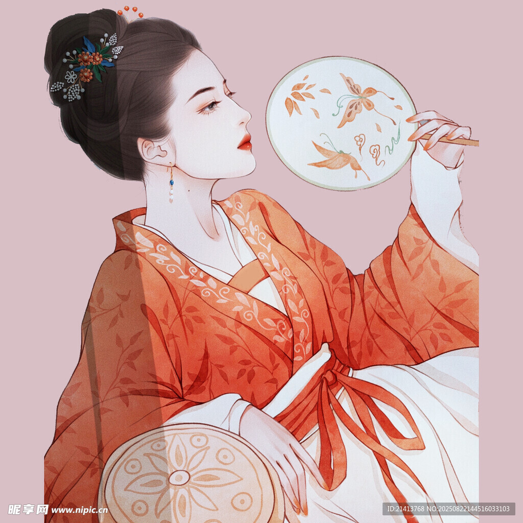 古風(fēng)女子持扇優(yōu)雅賞景