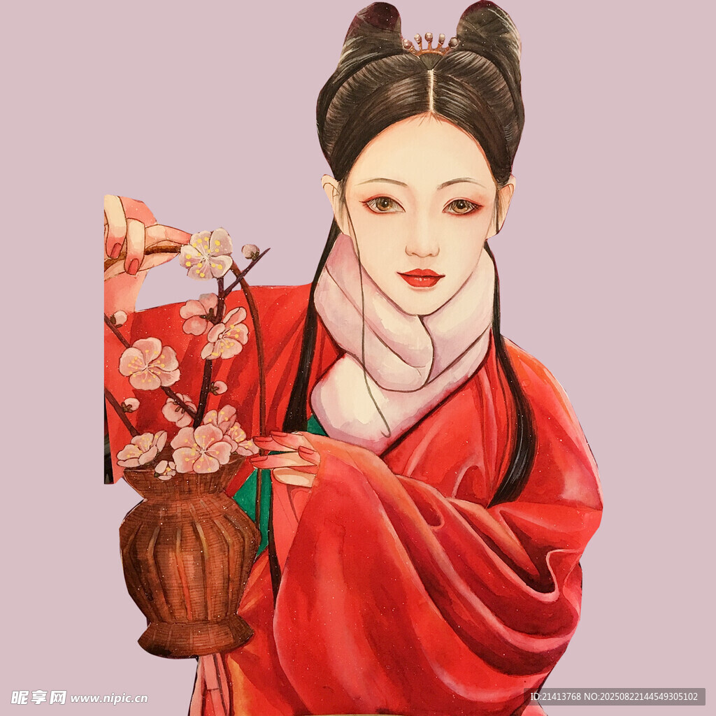 古風紅衣女子持籃賞梅