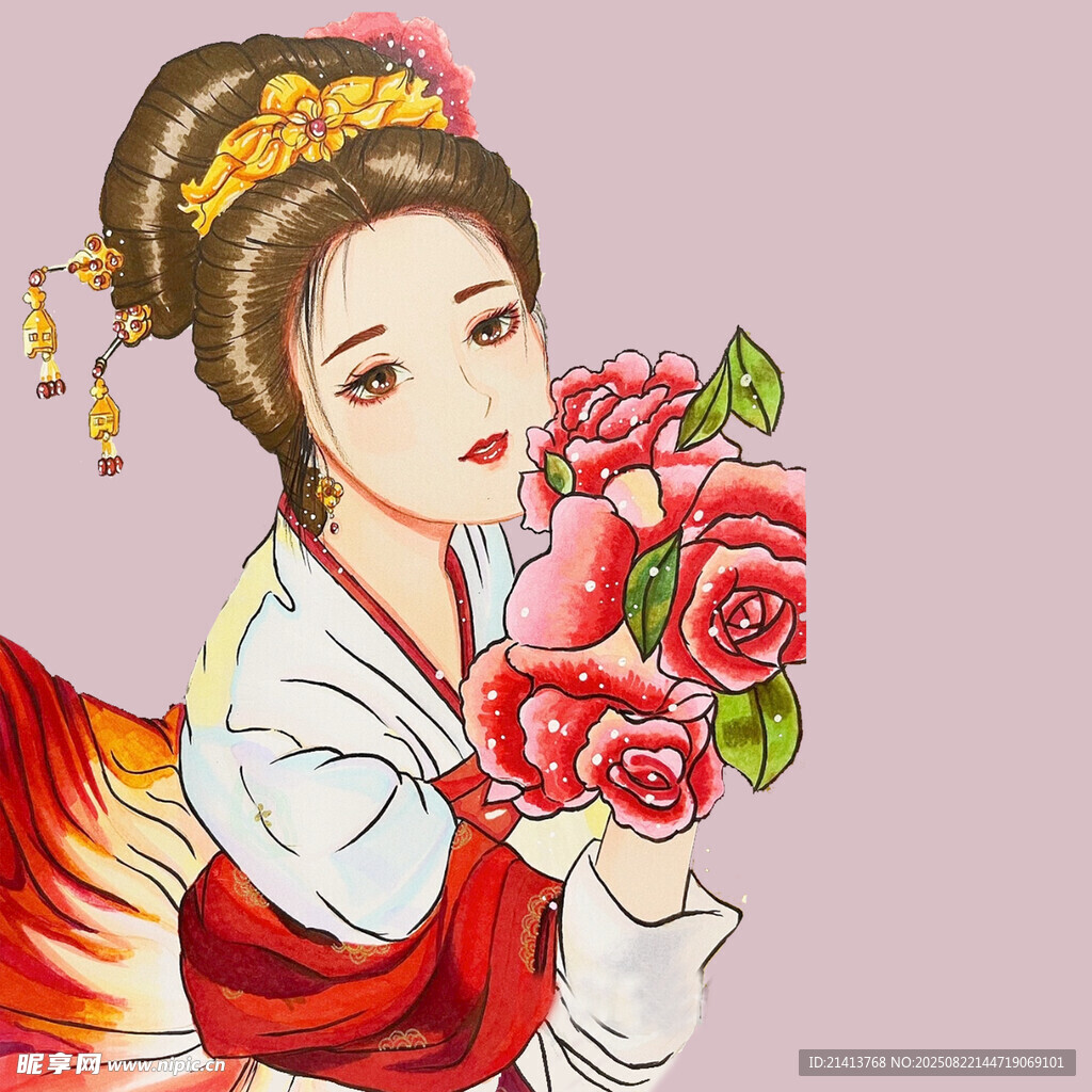 古風(fēng)美人手持嬌艷紅玫瑰