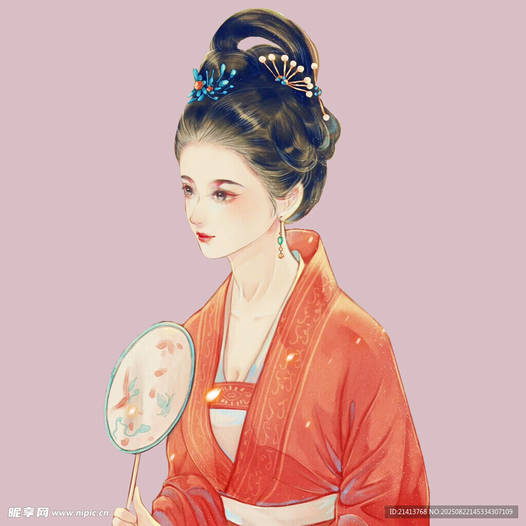 古風(fēng)紅衣持扇典雅女子