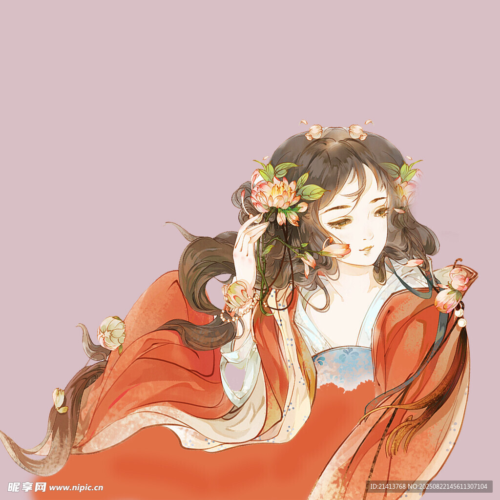 古風(fēng)紅衣女子 青絲簪花