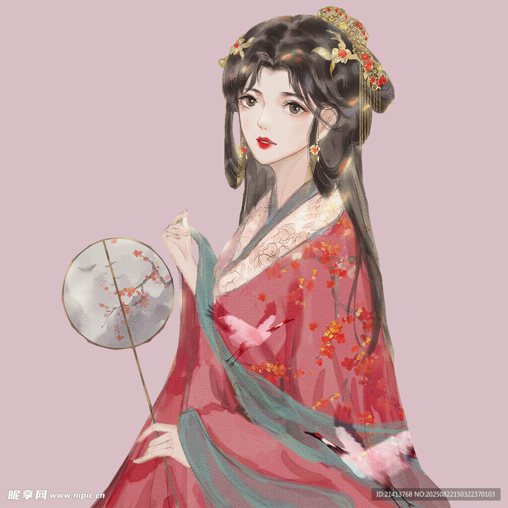 古風紅衣持扇優(yōu)雅女子
