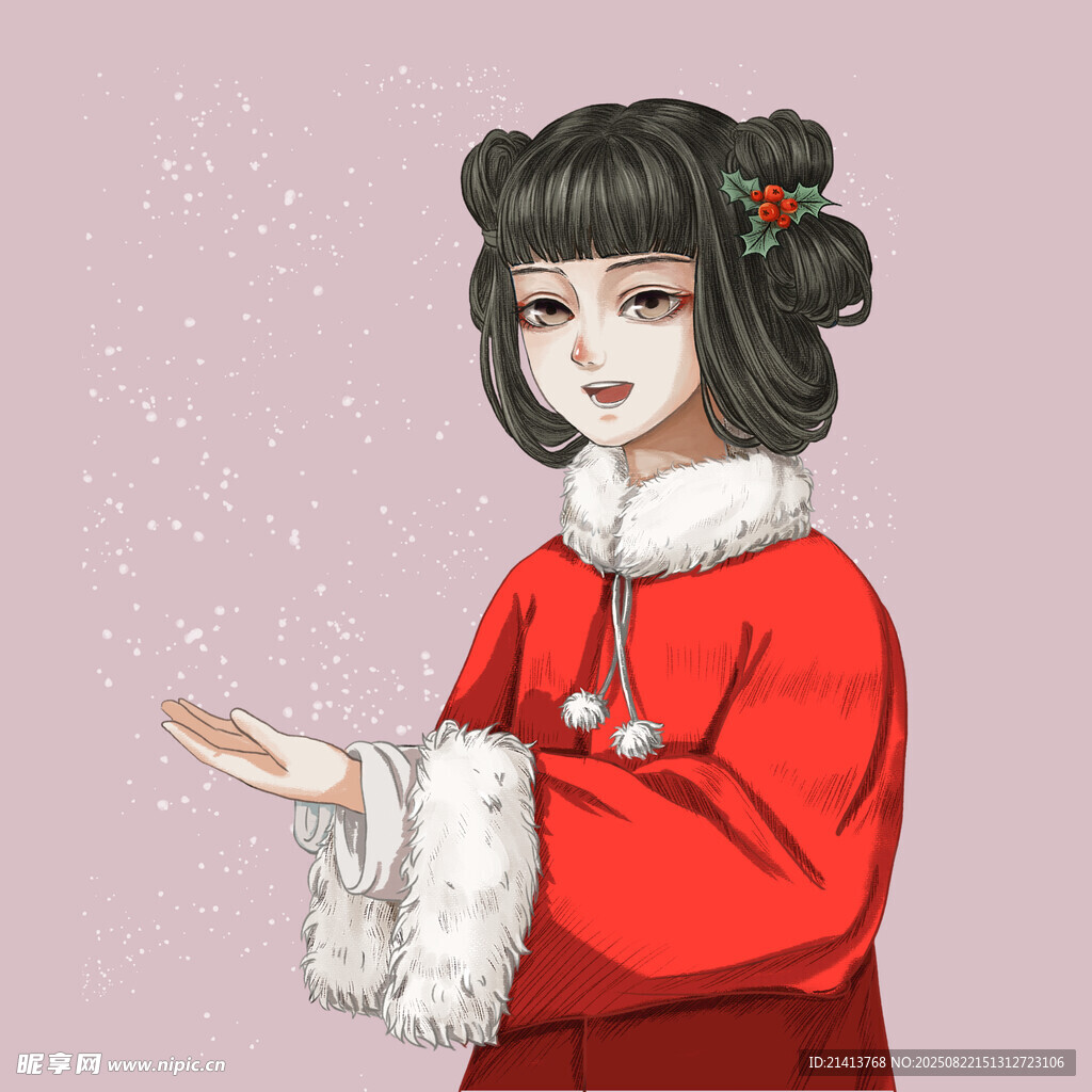 古風(fēng)紅衣少女雪中展手