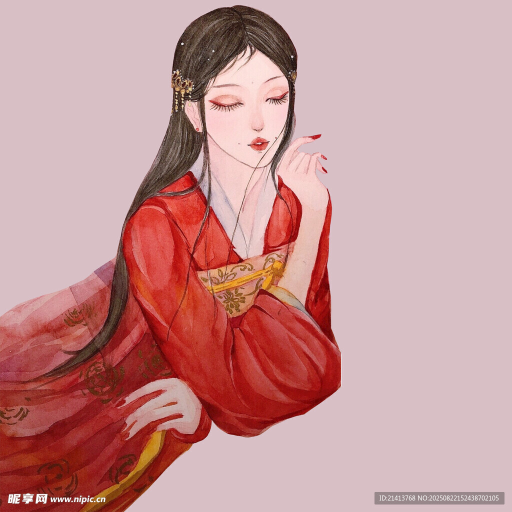 紅衣古裝女子優(yōu)雅側(cè)臥