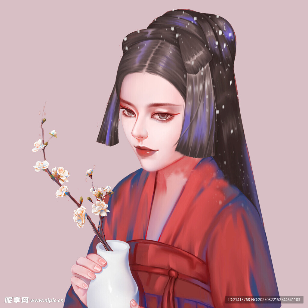 古風紅衣持花女子形象