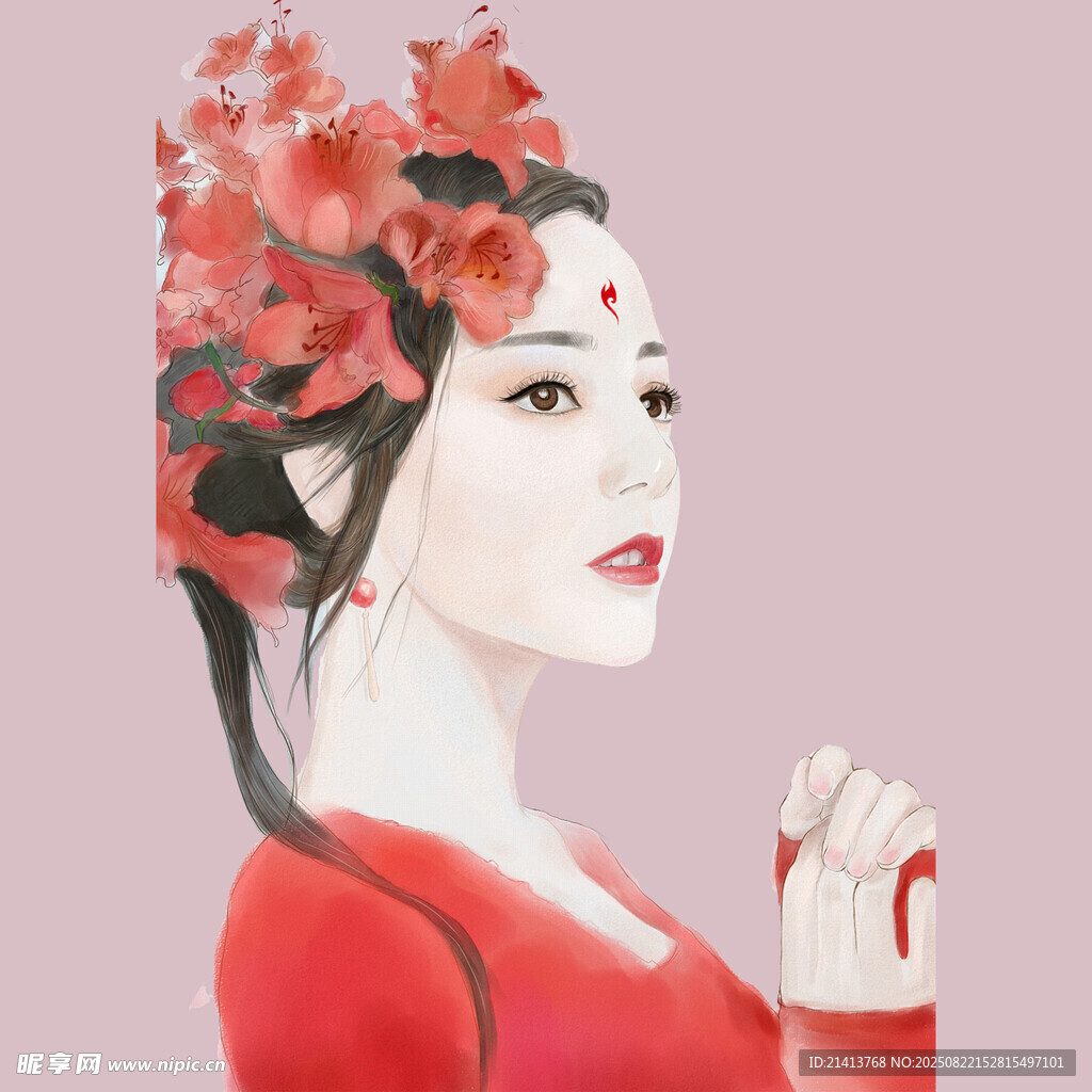 紅衣女子頭戴繁花飾