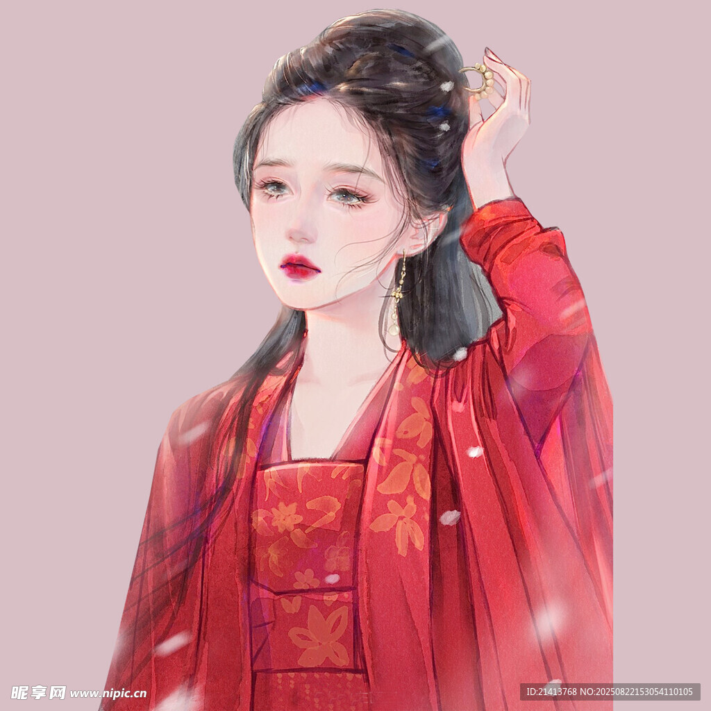 古風(fēng)紅衣女子雪中撫發(fā)