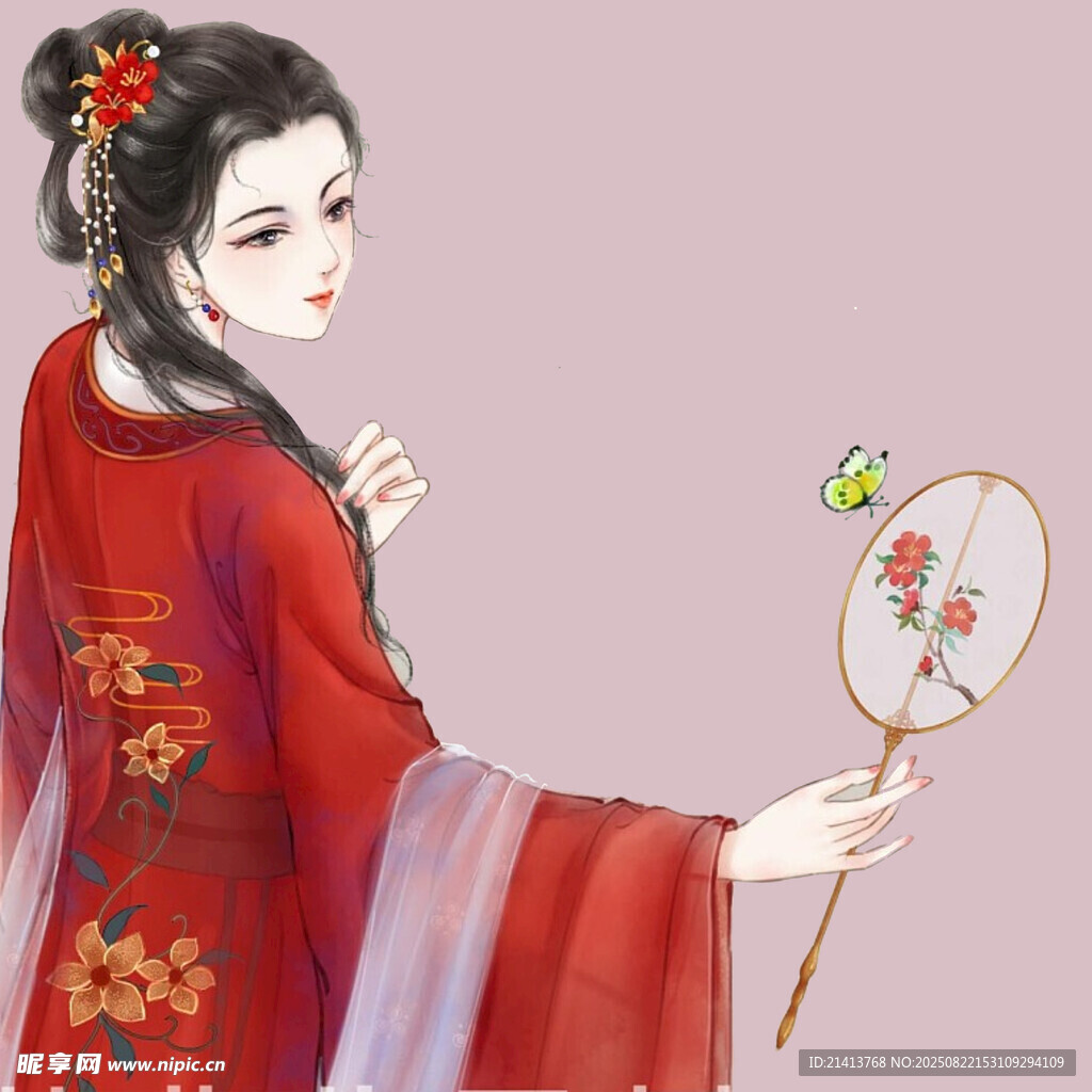 古風(fēng)紅衣女子持扇賞蝶