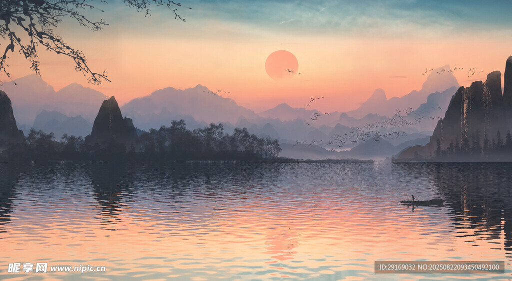 夕陽下的寧靜山水湖景
