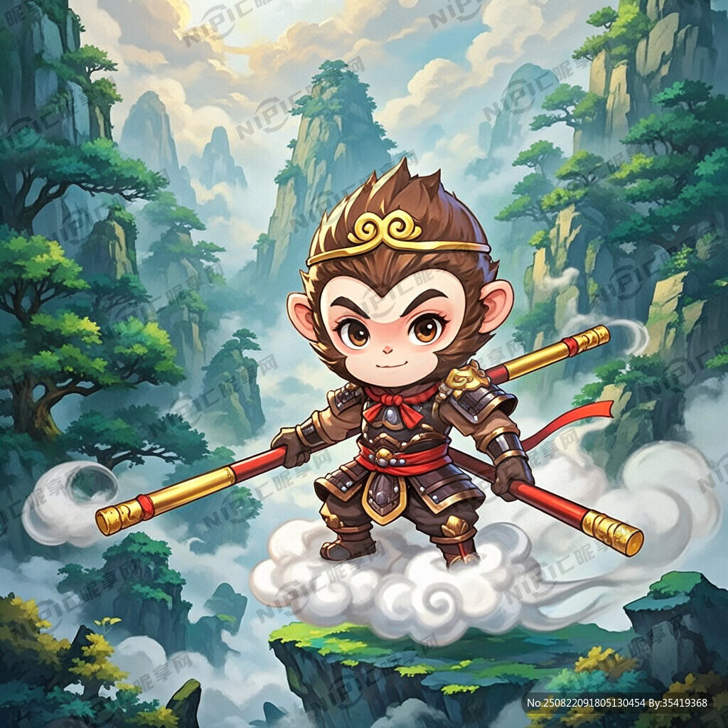 可愛版卡通黑神話悟空駕霧圖
