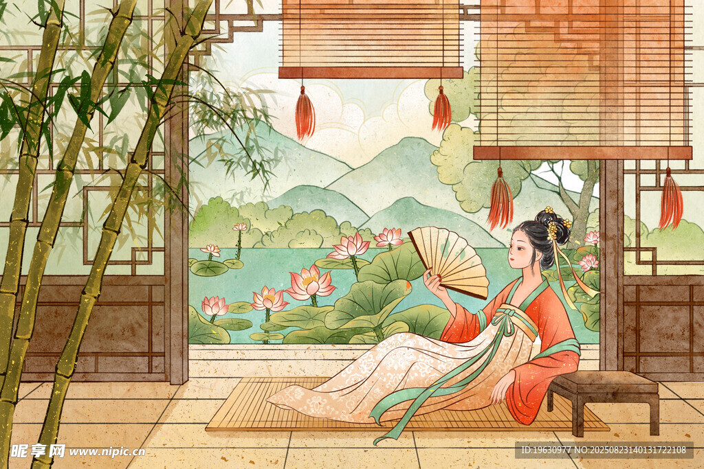 古風美人倚坐賞景圖