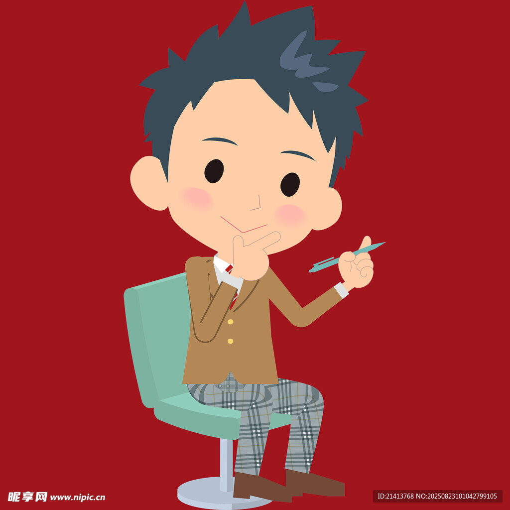 卡通男孩手持鋼筆坐椅子上