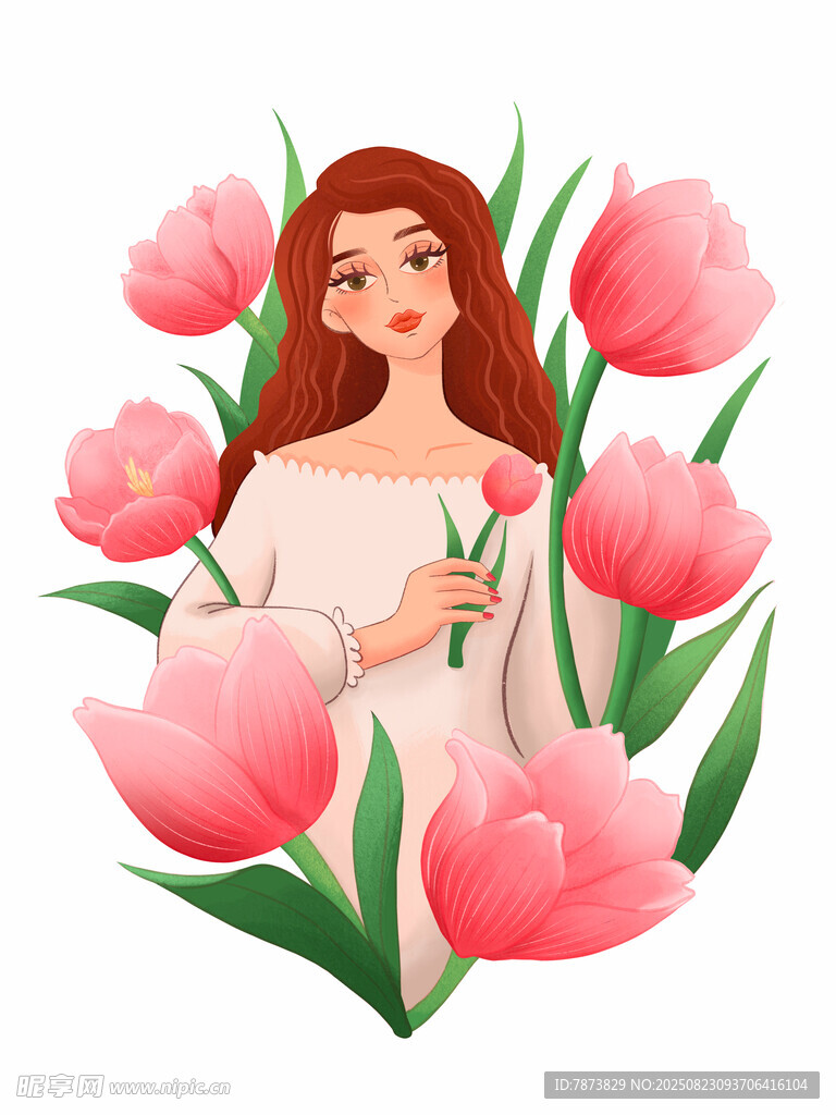 手持郁金香的美麗女子