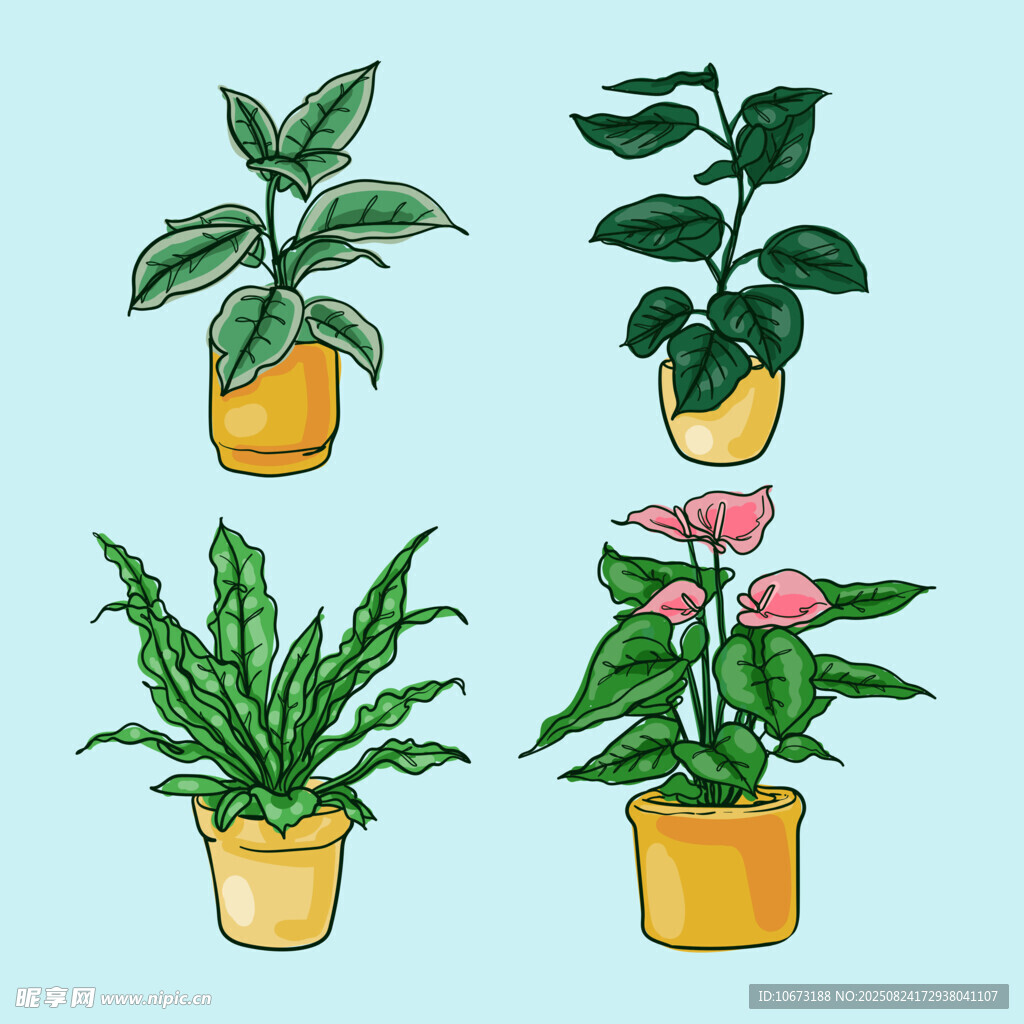 四盆可愛盆栽插畫展示
