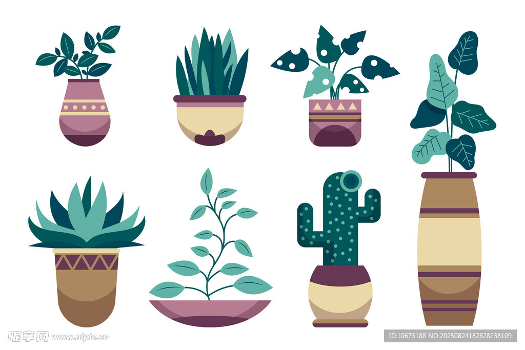 多樣盆栽植物插畫