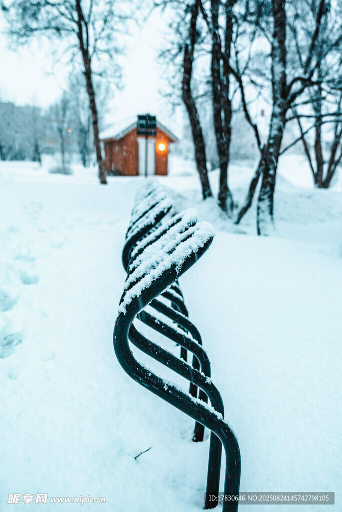 雪地中蜿蜒的黑色金屬欄桿