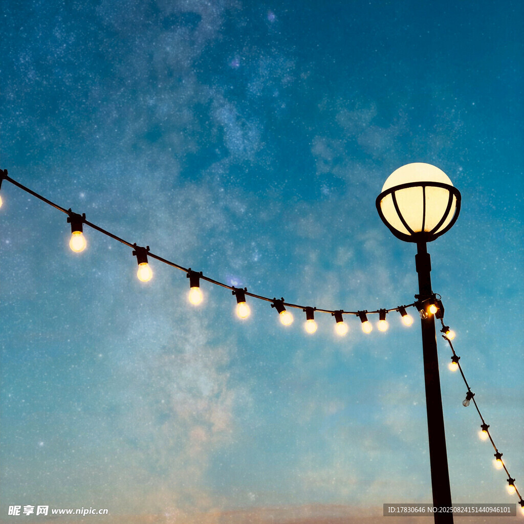 夜空下的串燈與路燈