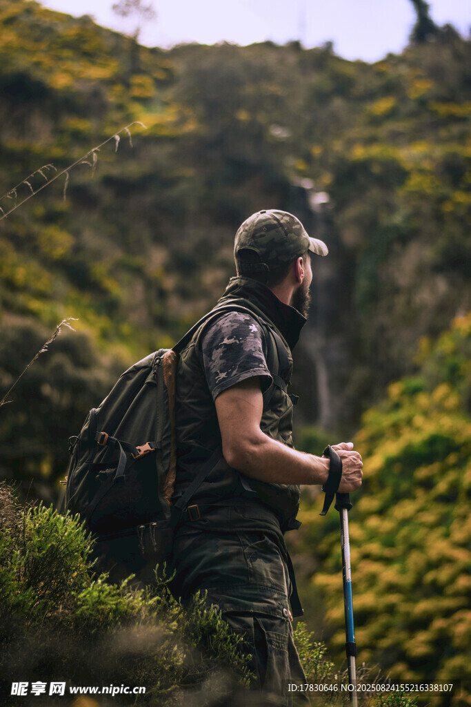 徒步旅行者山間持杖前行
