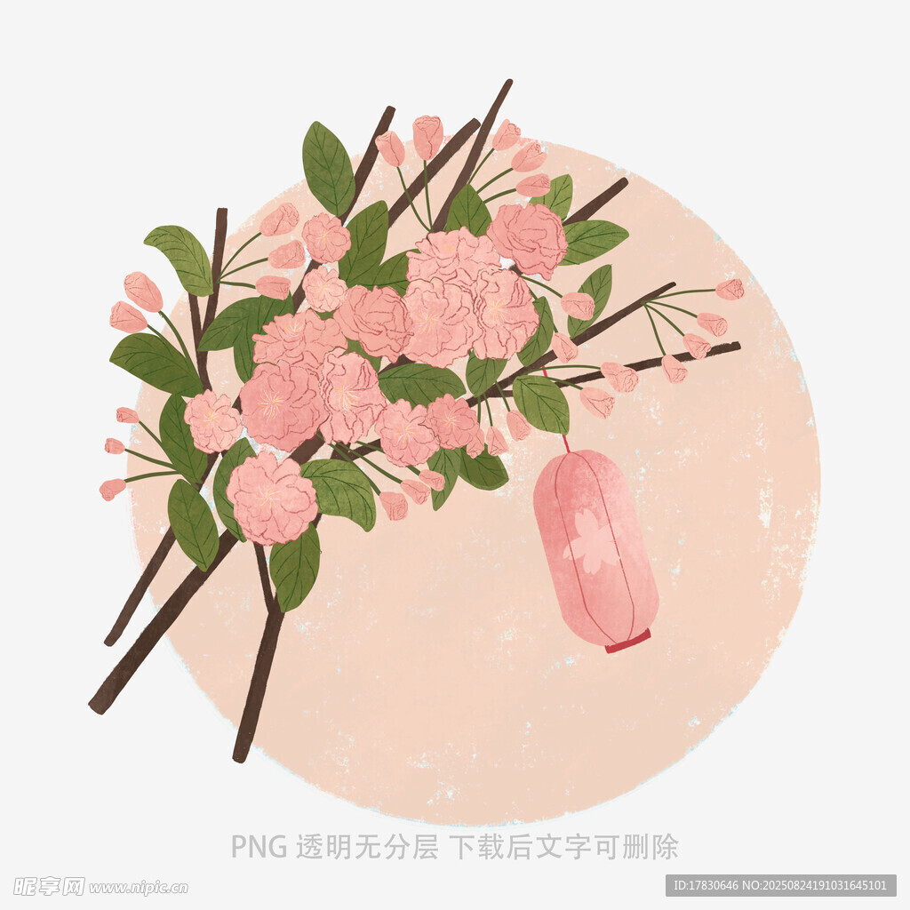 春日桃花與燈籠插畫