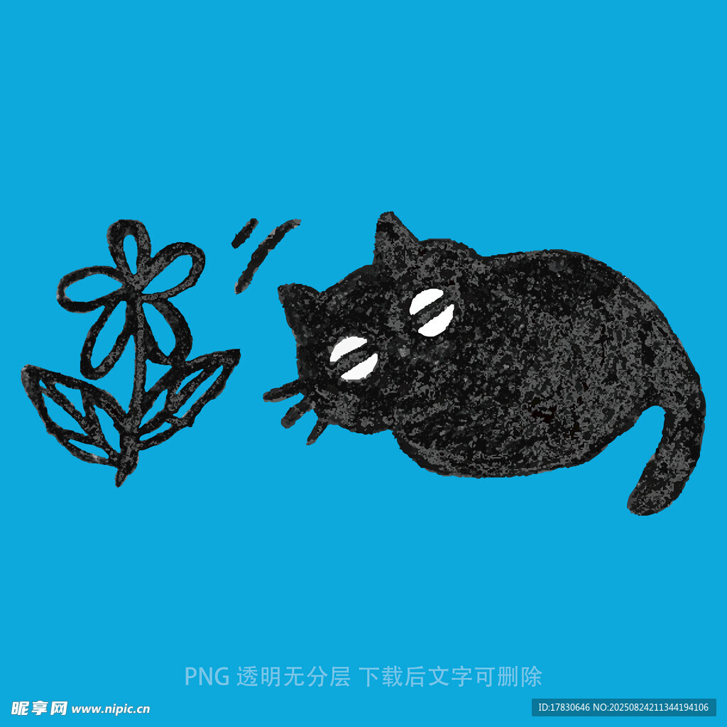 黑貓嗅花插畫