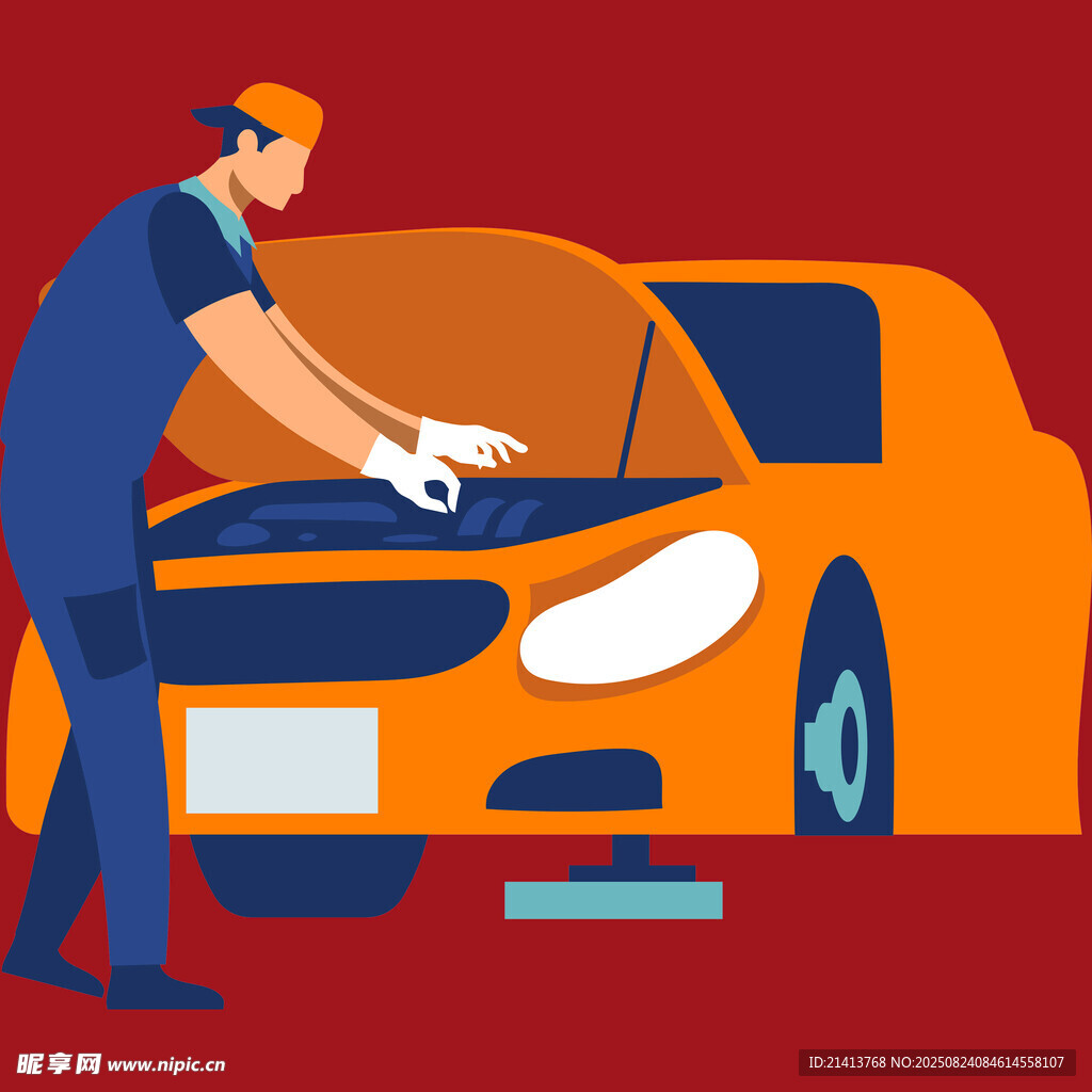 工人檢修橙色轎車