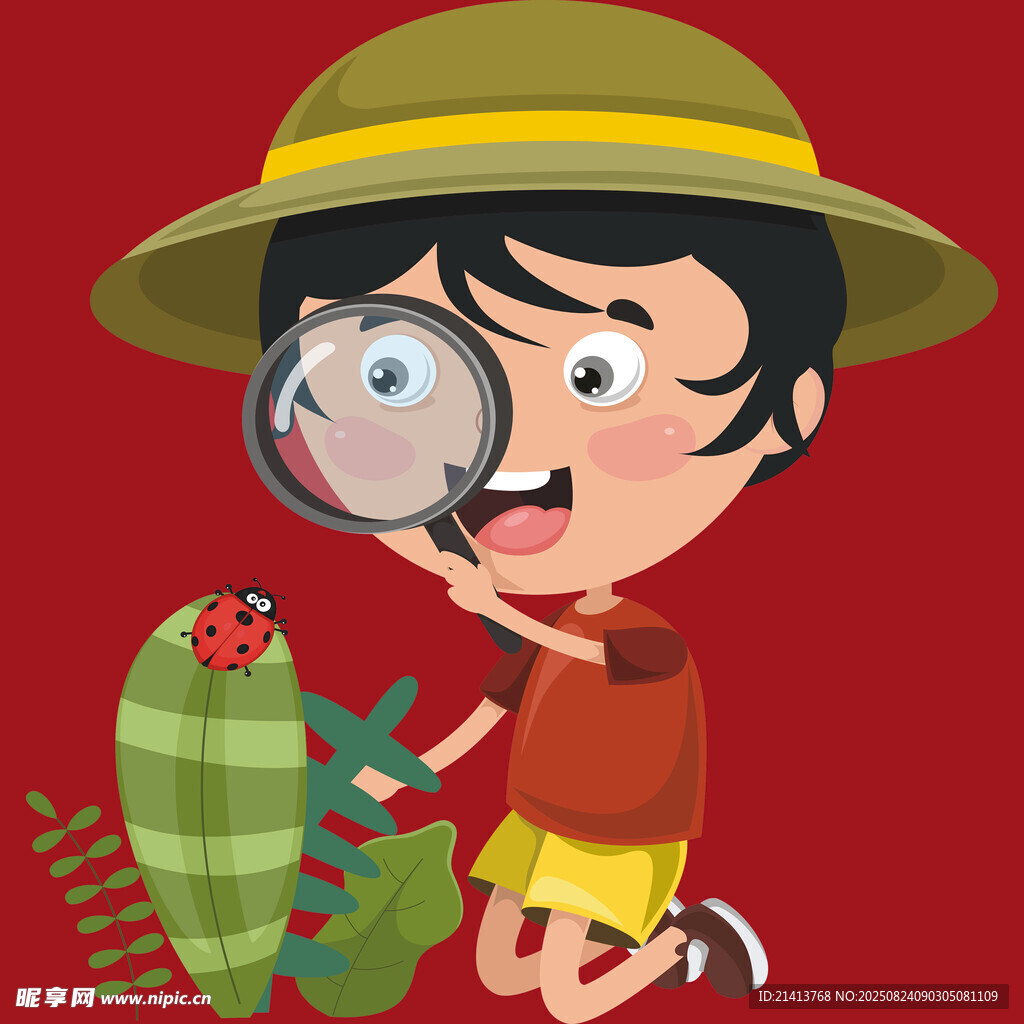 小孩用放大鏡觀察昆蟲