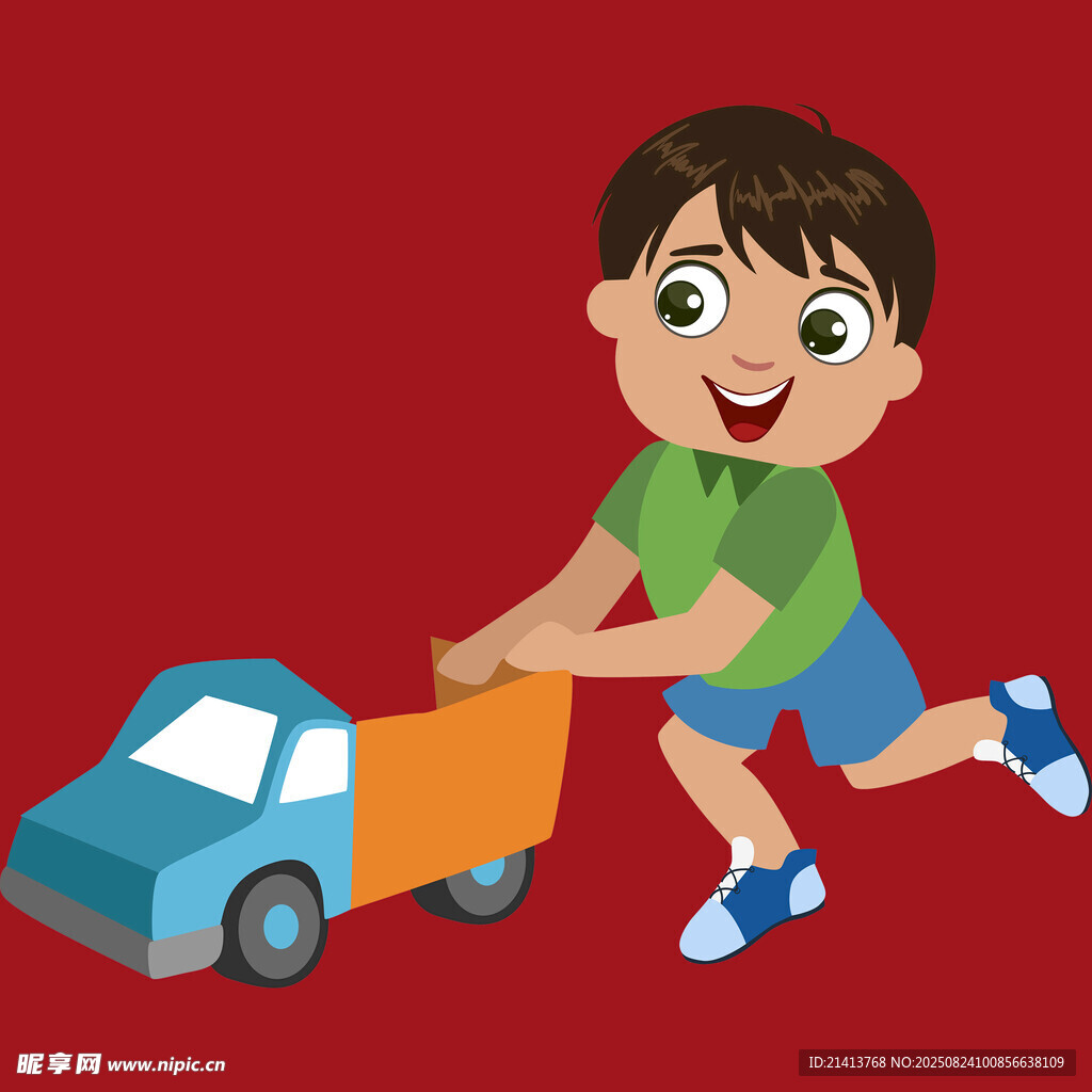 小男孩開心推玩具車