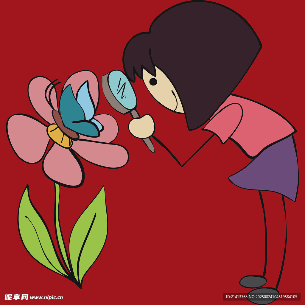 女孩用放大鏡觀察花朵