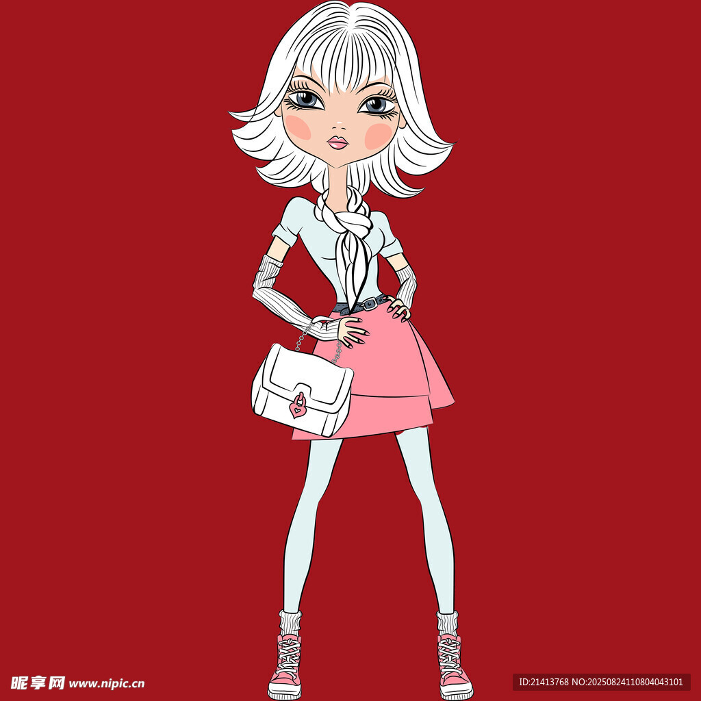 時尚銀發(fā)少女手拿白色手包