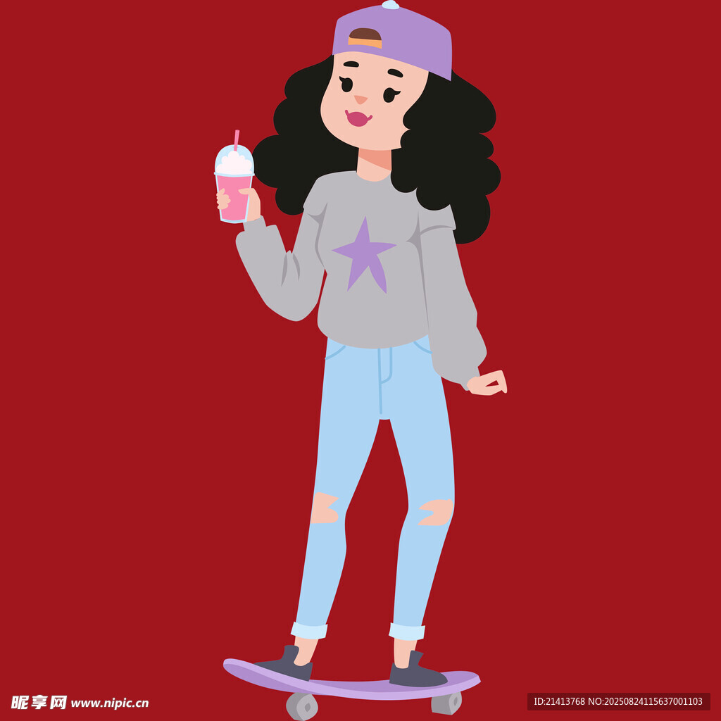 滑板少女手持飲料超酷炫