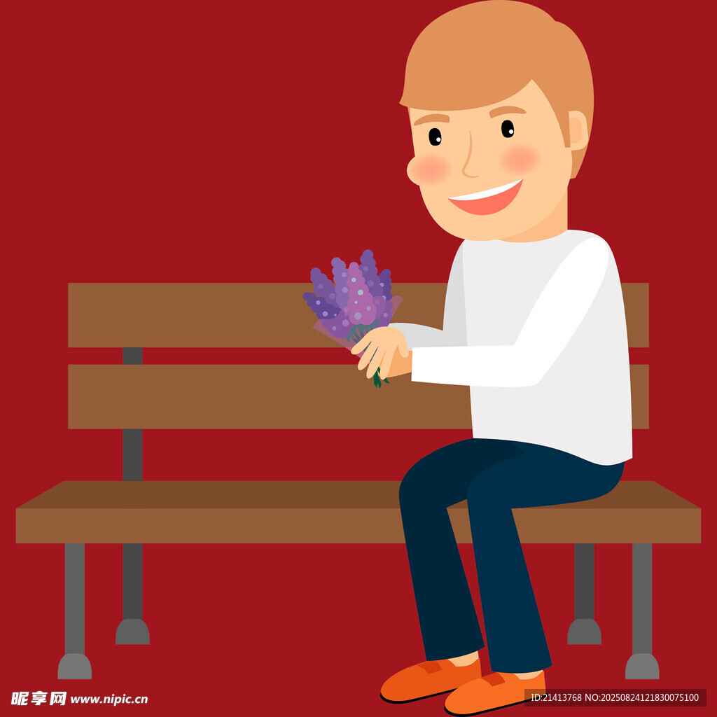 男孩坐長(zhǎng)椅手持紫色花朵