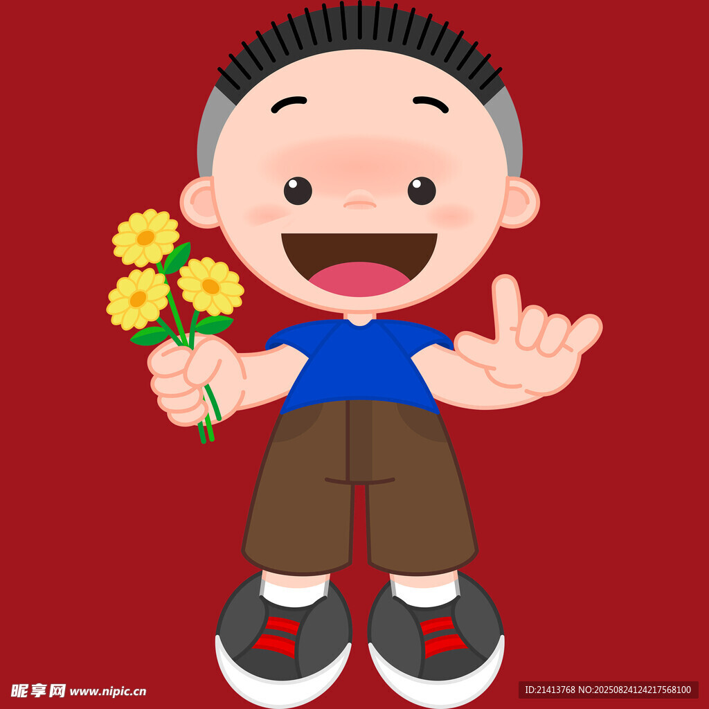 男孩手持鮮花開心揮手