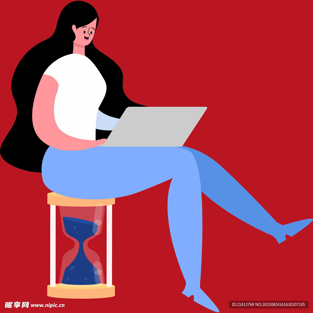 女子坐沙漏上用筆記本電腦