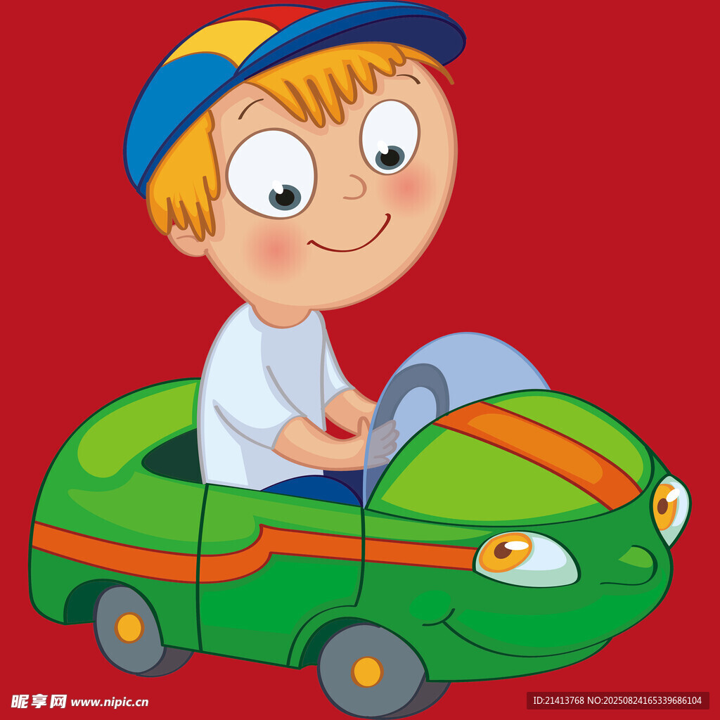 小男孩駕駛綠色卡通汽車