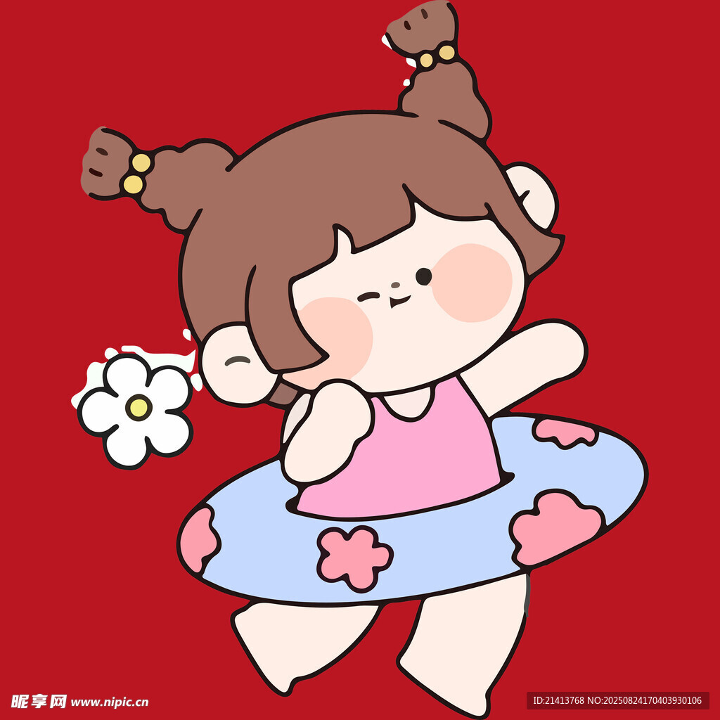 可愛女孩戴泳圈拿小花