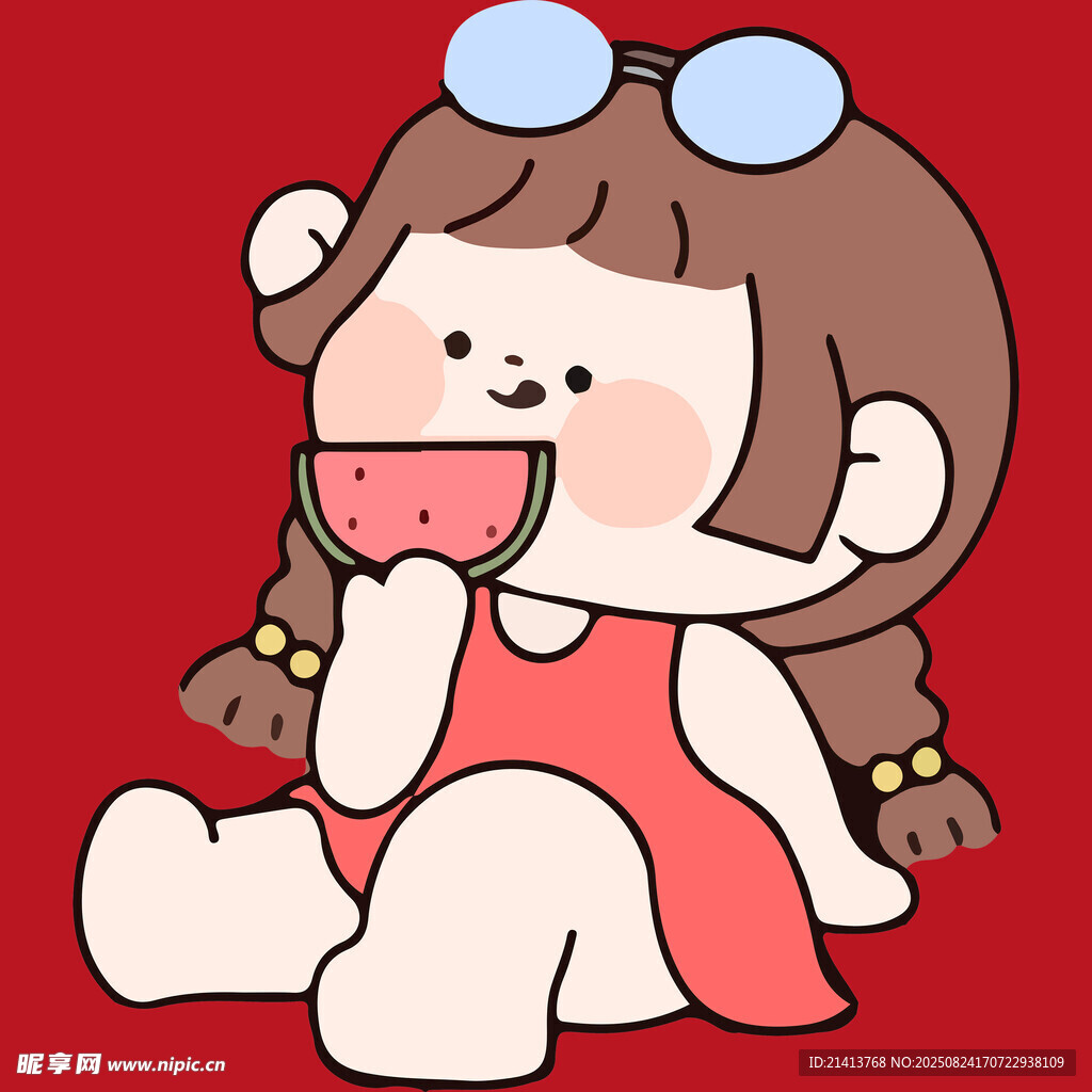 吃西瓜的可愛扎辮小女孩