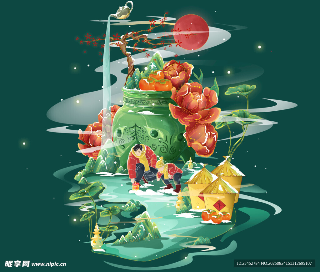 中式奇幻花卉錦鯉插畫