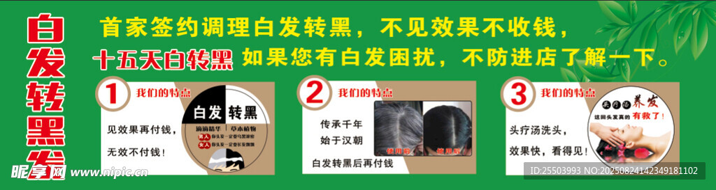 白發(fā)轉(zhuǎn)黑綠色展板宣傳海報展示