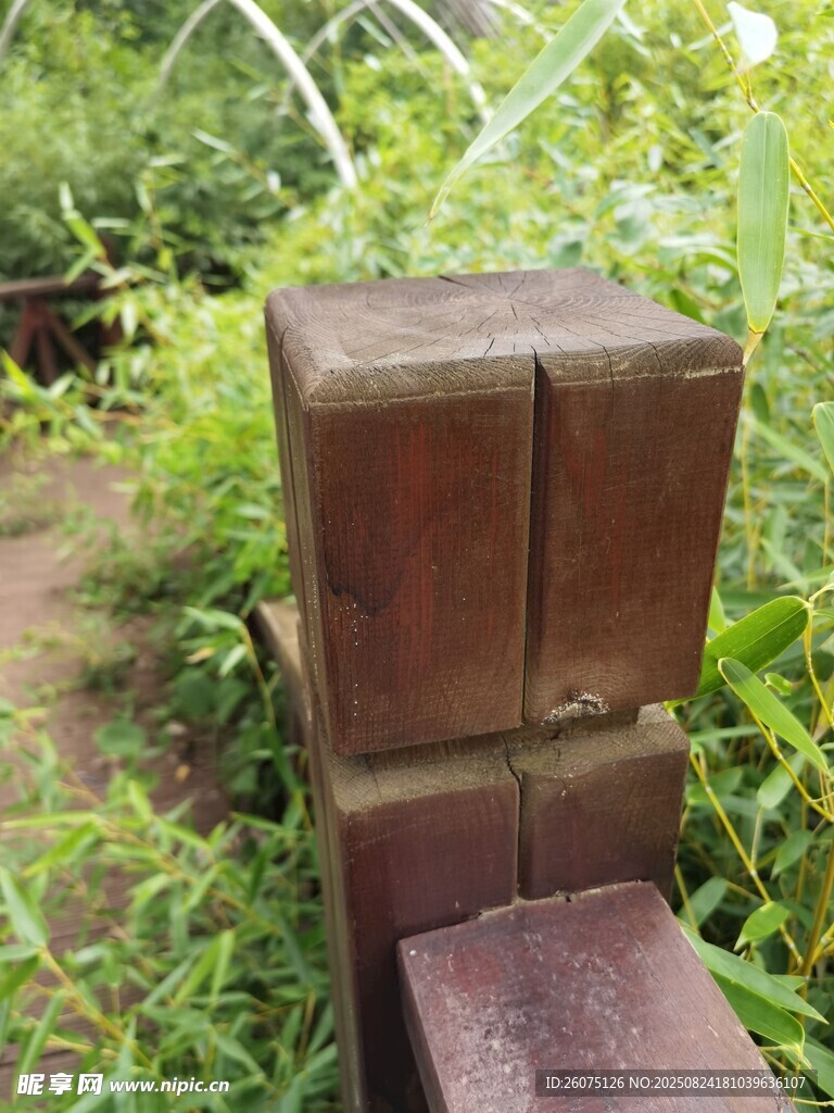 戶外綠植中的棕色木質護欄特寫