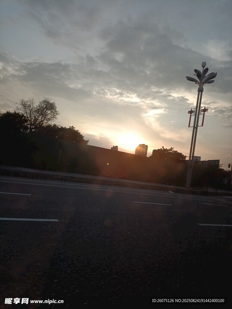 黃昏公路旁的路燈剪影